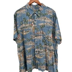 Batik Bay Hawaiian Shirt Mens 2X Blue Tropical Pin-Up Girl  USA Flag Motorcycle